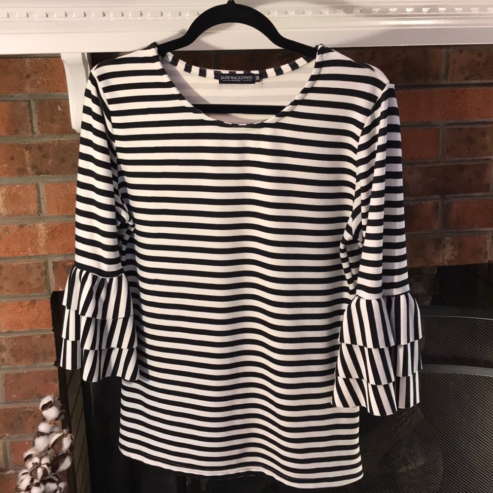 Black and White Striped Ruffle Sleeve Shirt